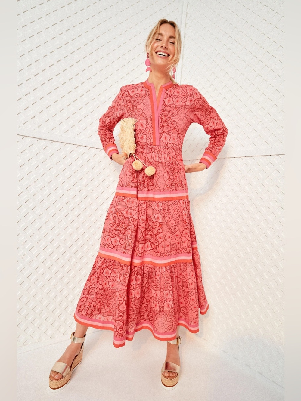 Ro’s Garden Long Sleeve Maxi Dress Printed Notch Neck Lined Pink Red
